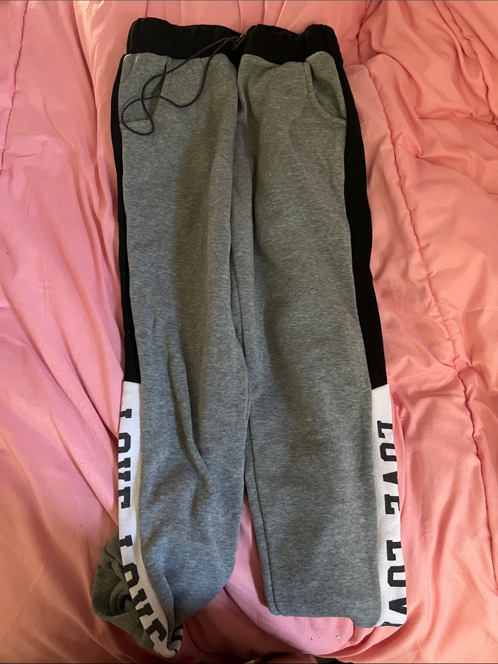 Girls' Grey & Black Colorblock Joggers with White 'LOVE' Side Panels
